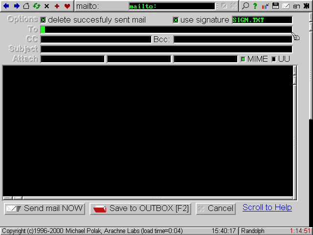 Arachne's 'Insight 3.5' e-mail client. Hotkeys descriptions can be found by scrolling down from the edit window:-)